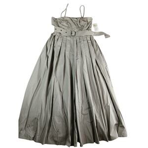 A New Day Dress Womens 10 Tan Beige Midi Belt Sash Spaghetti Strap Pleated NWT